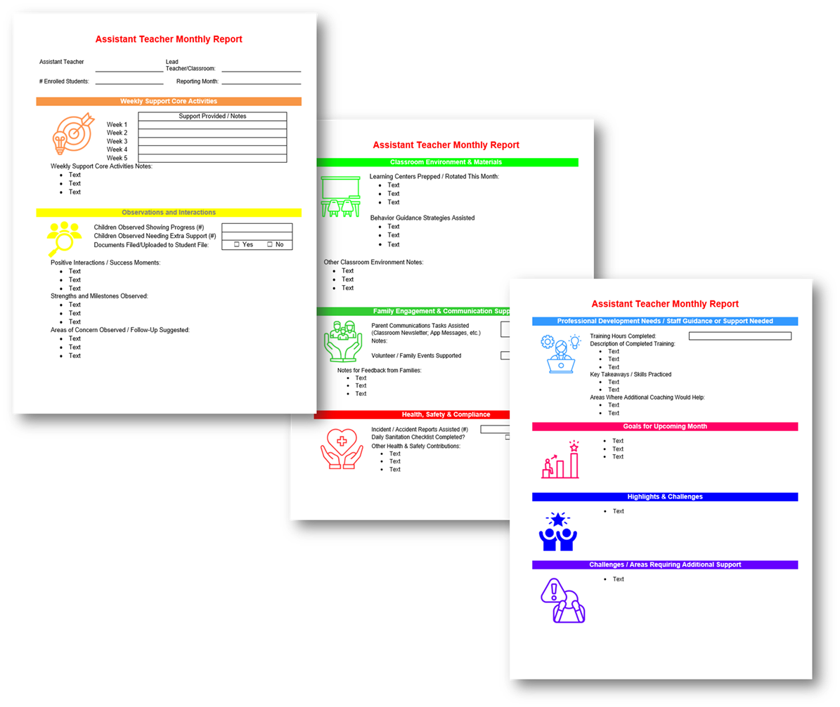 Assistant Teacher Monthly Reporting Form (Word Template)