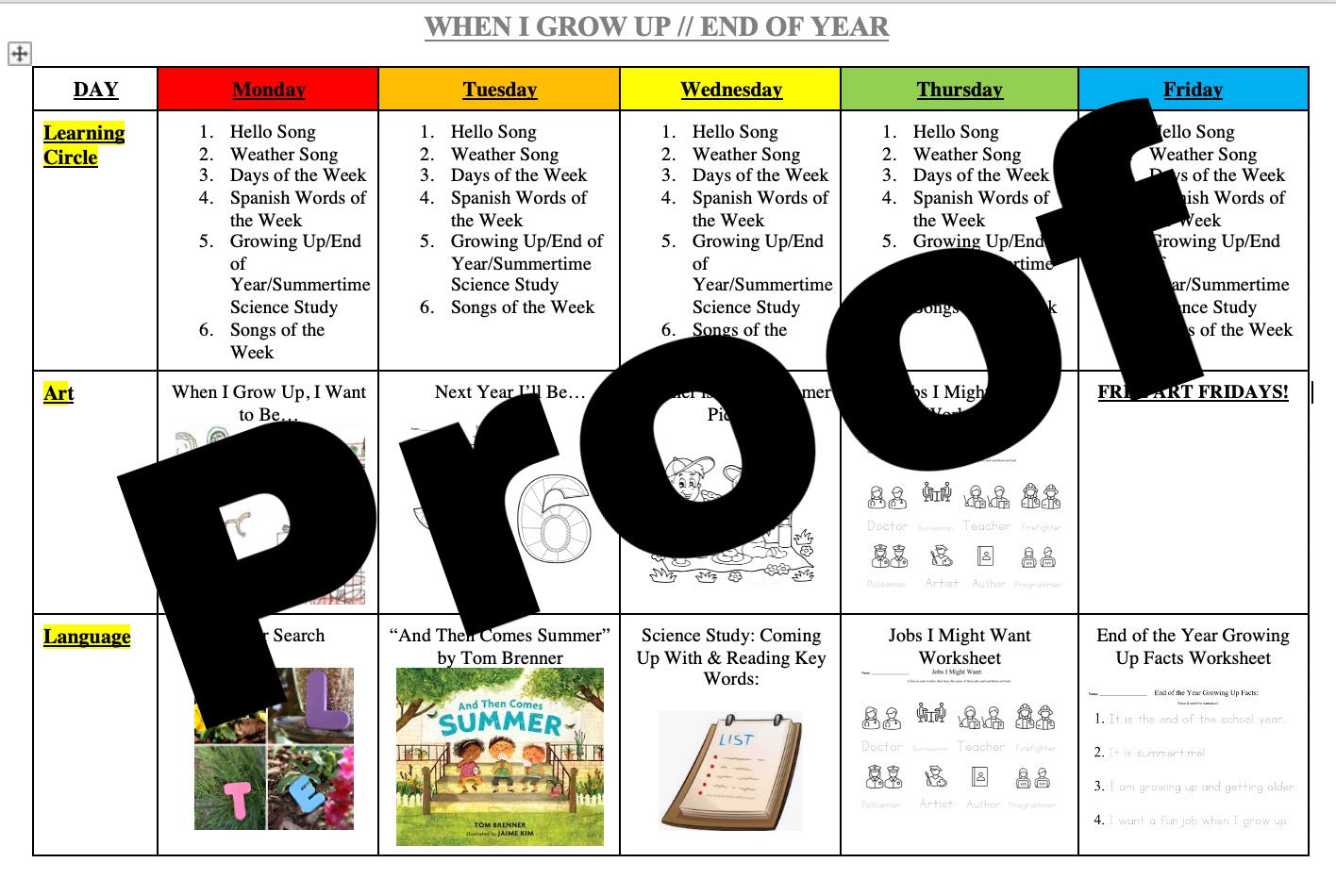 When I Grow Up Weekly Lesson Plan