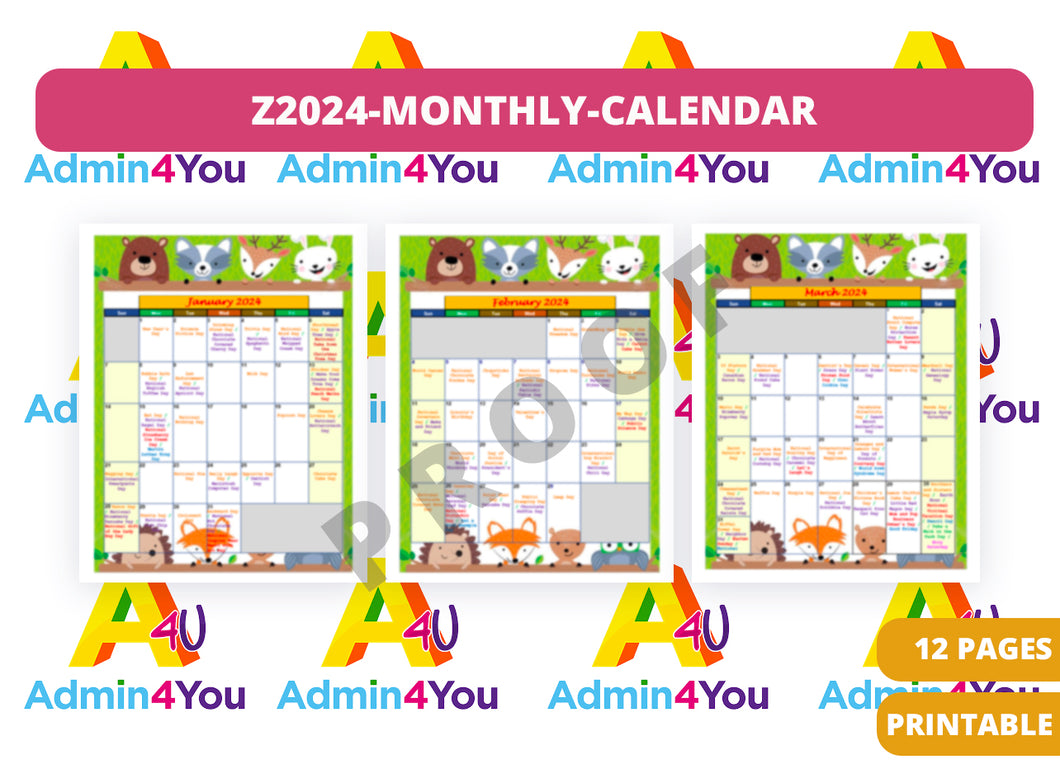 2024 National and FUN Holiday - 12-Month Calendar
