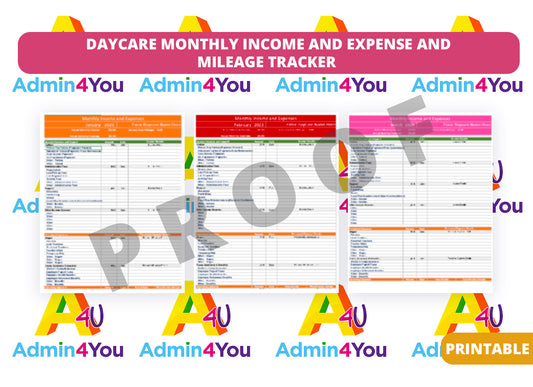 Daycare Income and Expense Monthly Tracker with Mileage Tracker