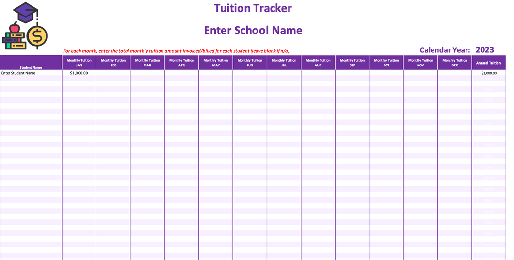 Childcare Tuition Tracker - Monthly Rates