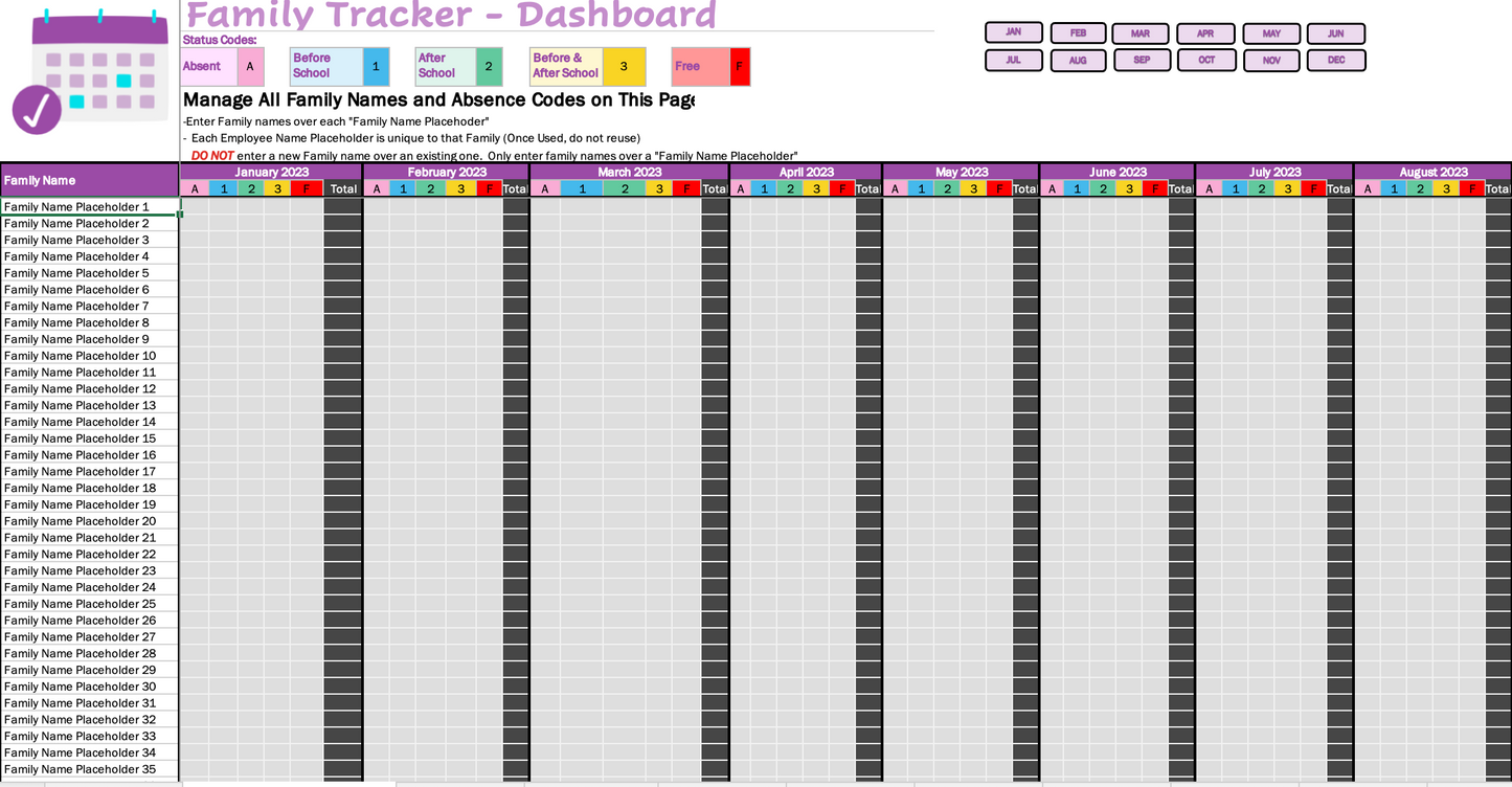 Family Attendance Tracker - Track Up To 100 Families