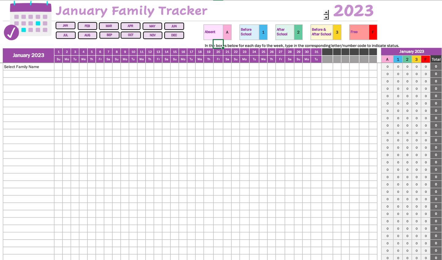 Family Attendance Tracker - Track Up To 100 Families