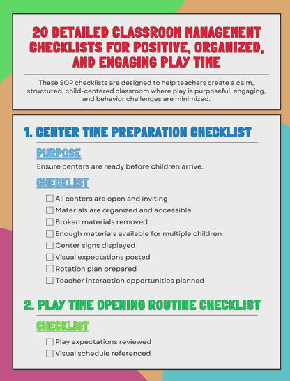 20 Detailed Classroom Management Checklists for Positive, Organized and Engaging Play Time