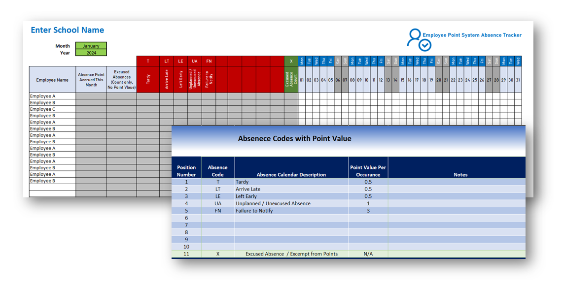 Employee Attendance and Punctuality Point System and Absence Tracker - Excel