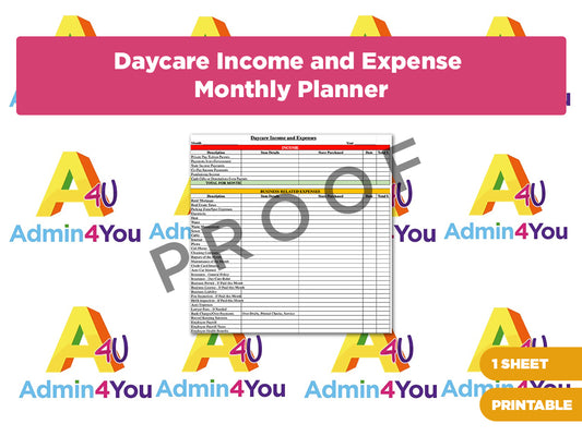 Daycare Income and Expense Monthly Planner Simple Version