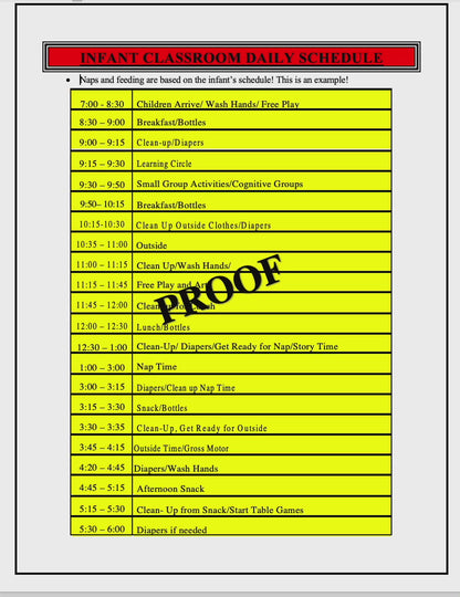 Infant, Toddler, 2's - 3's, Preschool and Pre-K Daily Schedule